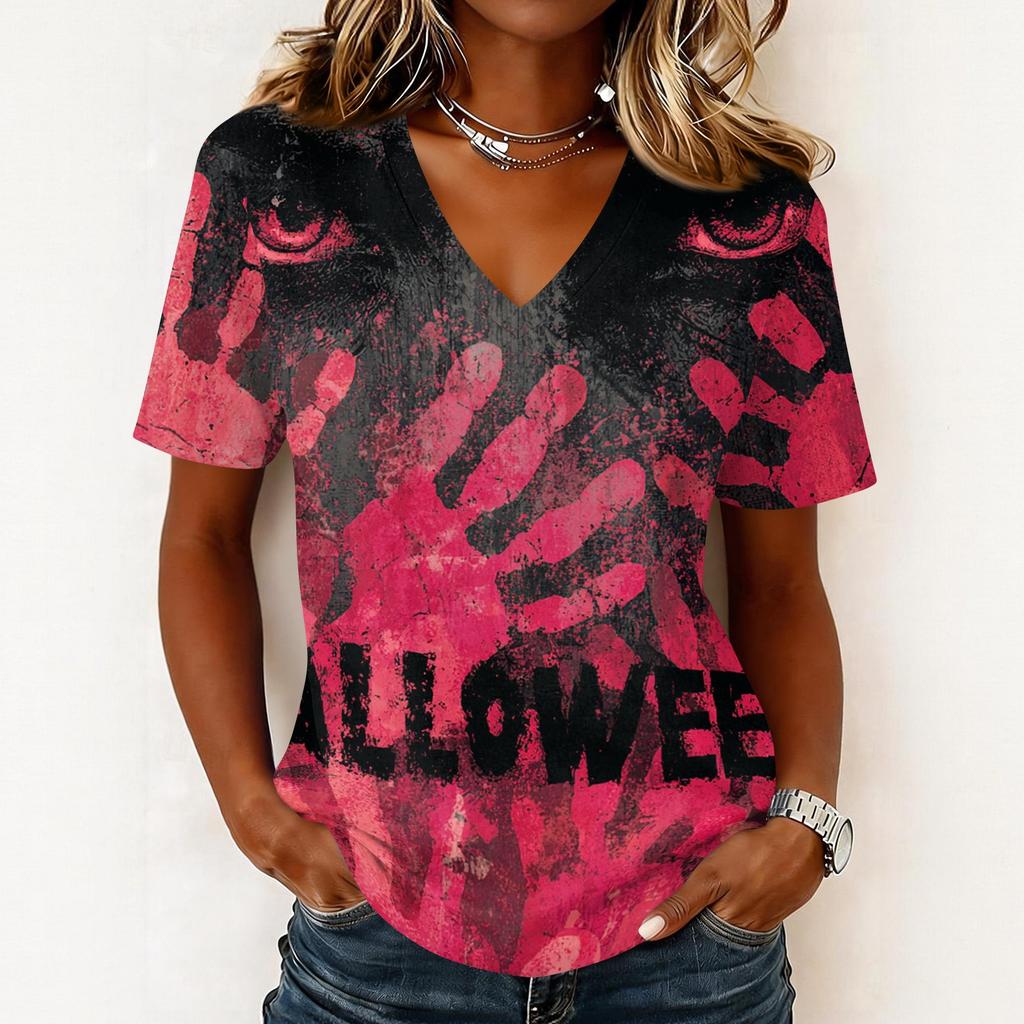 Haut pull décontracté pour femme à col en V, manches courtes, imprimé graphique Halloween, coupe ample, t-shirt léger pour un usage quotidien