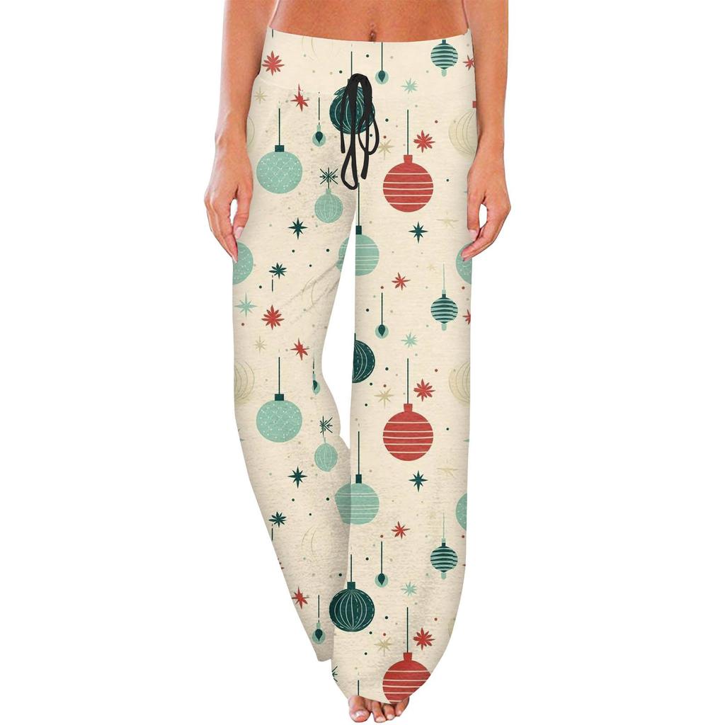 Women's Casual Fashion Comfort Pajama Pants Christmas Print Drawstring Wide Leg Pants