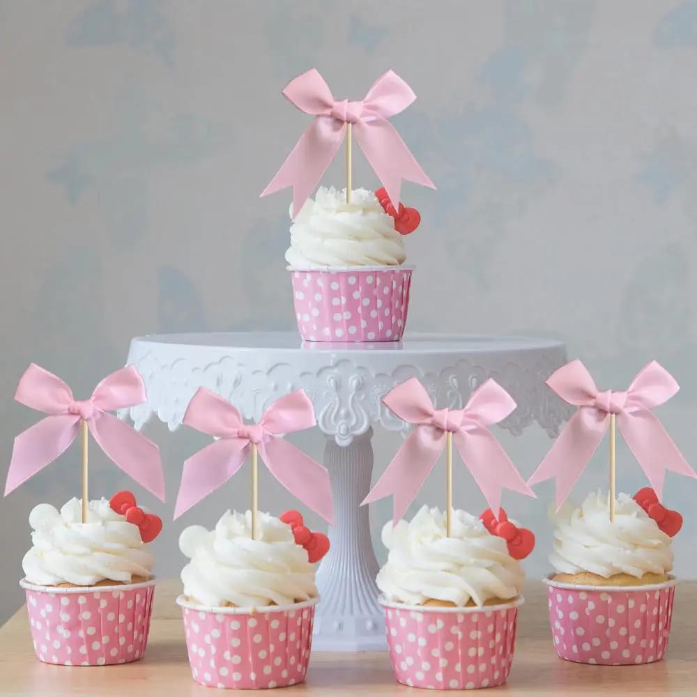 12pcs Pink Bow Cupcake Topper Pink Bow Birthday Decor Coquette Themed Party Decoration Bridal Shower Cake Topper Bow Party Decor