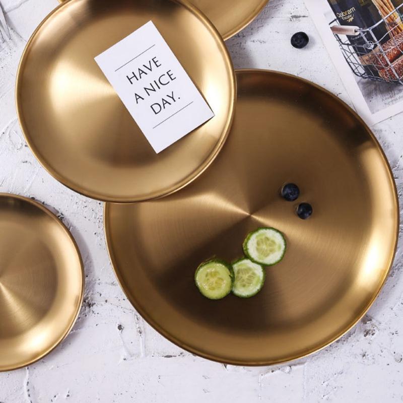 Goldene Edelstahl Ablageschale Luxuriöse Messing Gold Runde Platte Obst Kuchen Steak Snack Küche Metall Lagerung Großhandel