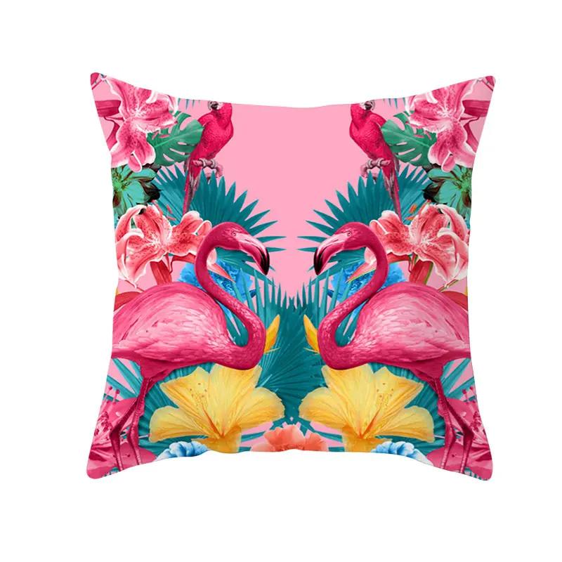 Housse de Coussin Décorative Flamant Rose Plantes Tropicales d'Été Feuilles Vertes Housse de Coussin à Jeter Housse de Coussin Flamant Rose