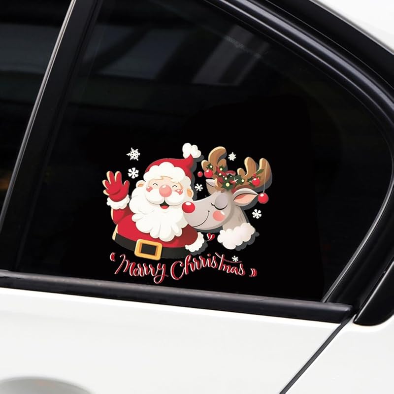 Merry Christmas Winter Decals,Santa Claus Reindeer Elf Car Window Stickers,Christmas Xmas Holiday Art Clings Decorations Accessories (Cartoon)