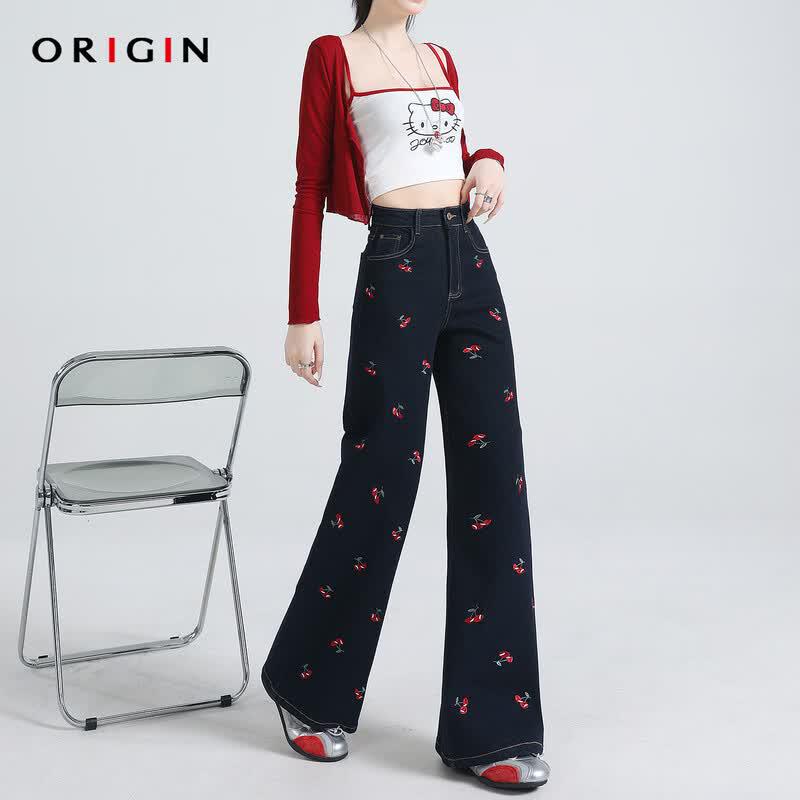 ORIGIN Women s Cherry Embroidered Straight-Leg Denim Jeans XL