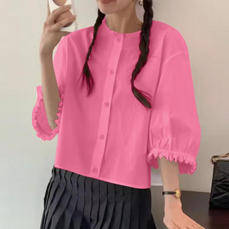 

VONDA Женские летние кружевные блузки с круглым вырезом и коротким рукавом, однотонные 4XL