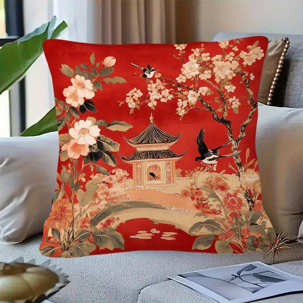 Exquisite Ornaments Unisex Red Double Sided Chinoiserie Pillow Cover Asian Floral Bird Print Cushion Case For Sofa Living Room Oriental Home Decor