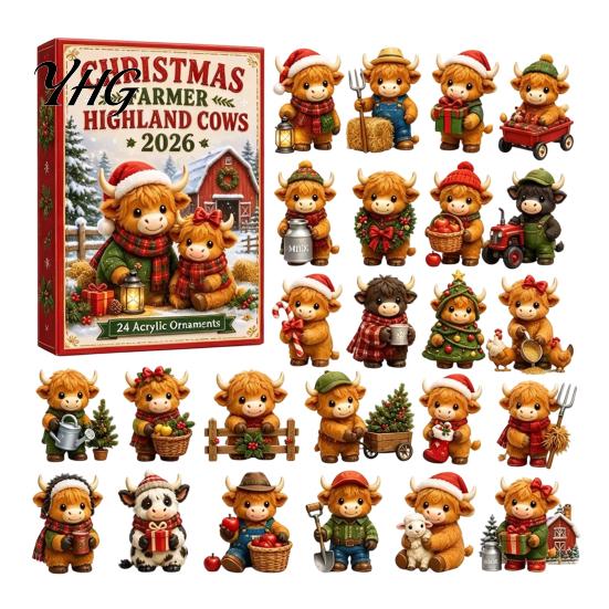 Blind Box Surprise Gift Highland Cow Advent Calendar with 24 Unique Hanging Ornaments for Thanksgiving Christmas Pumpkin Maple Leaf Party Supplies