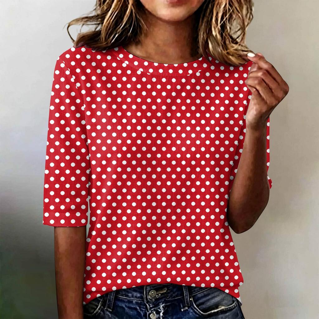 Women's Casual Loose Fit Short Sleeve Top Round Neck Lightweight Comfortable Soft Fabric Polka Dot Pattern Everyday Wear
