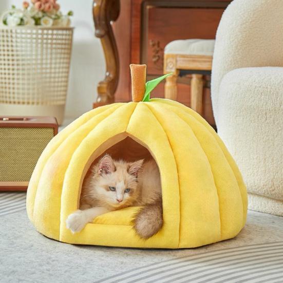 Plush Pumpkin Pet House with Removable Cushion Autumn Winter Warm Small Medium Dog Cat Bed Cave Plush Indoor Kitten Puppy Sleeping Nest