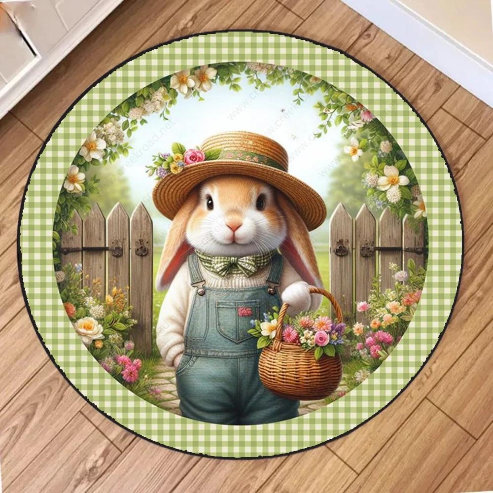 Happy Easter Round Rug with Rabbit Egg Design Stain Resistant Machine Carpet for Living Room Bedroom Laundry Festive Home Decor