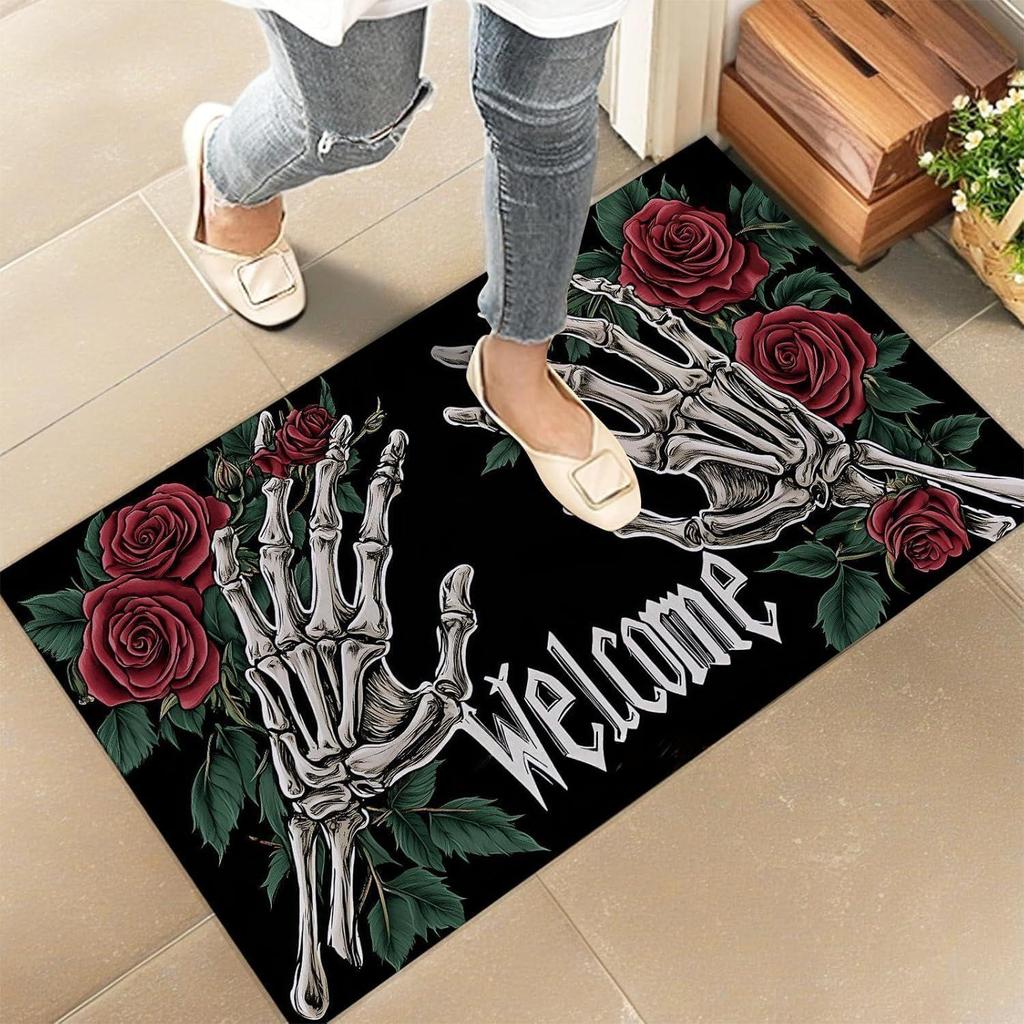 Gothic Skeleton Carpet Mat Skull Red Roses Rug Welcome Text Black Non-Slip Home Decoration Halloween Floor Mats Kitchen Mat