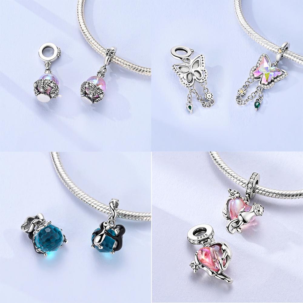 Silver 925 Colored Zircon Heart-shaped Pendant Beads Charm Fit Bracelet Jewelry Making Fine Gift for Women