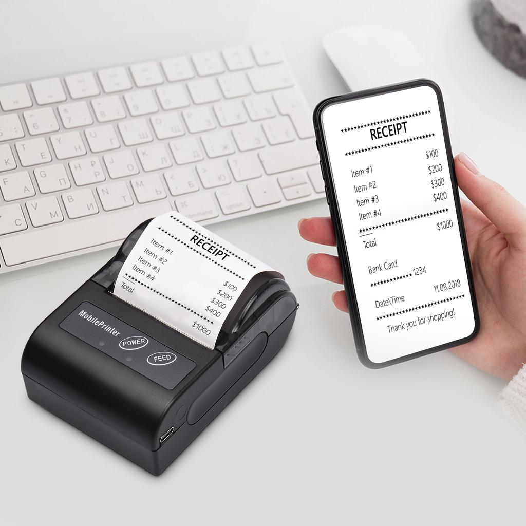 Mini Portable 2 Inch Thermal Printer 58mm Receipt Printer with 57mm Print Paper USB+Wireless BT Connection for Office