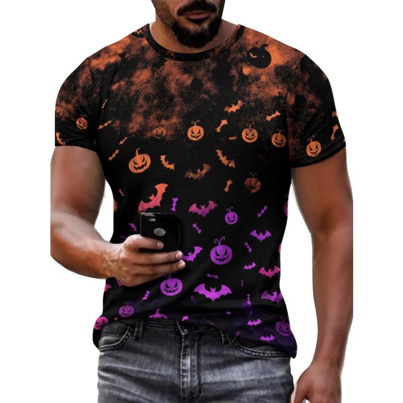 Herren Halloween 3D Kürbis Fledermaus Bedrucktes T-Shirt Lässiges Kurzarm Rundhals Oberteil Cool Gruselig Jack-O-Lantern Orange Lila Grafik Sommer Streetwear T-Shirt