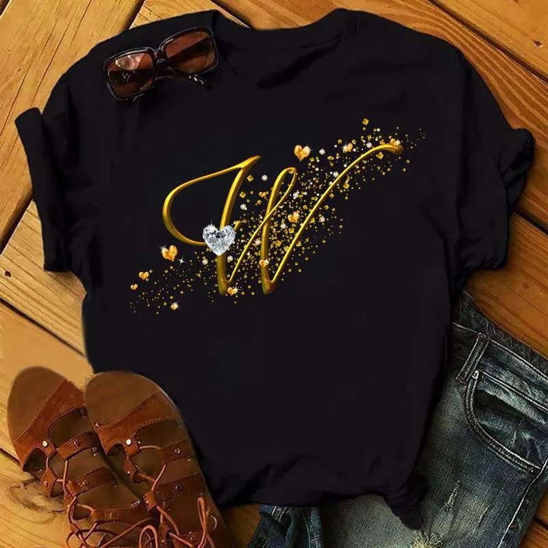 Custom Name Letter Combination Fashion Women T-shirt Diamond Gold Letter Font Short Sleeve Tops Black T-shirt