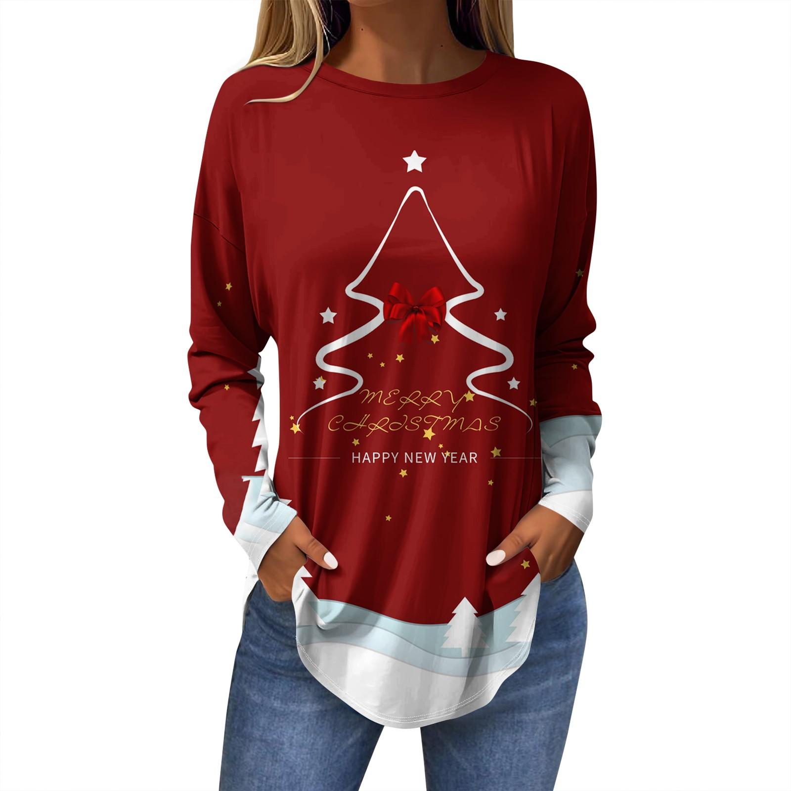 

Жіноча модна повсякденна футболка з круглим вирізом і довгим рукавом з різдвяним принтом S