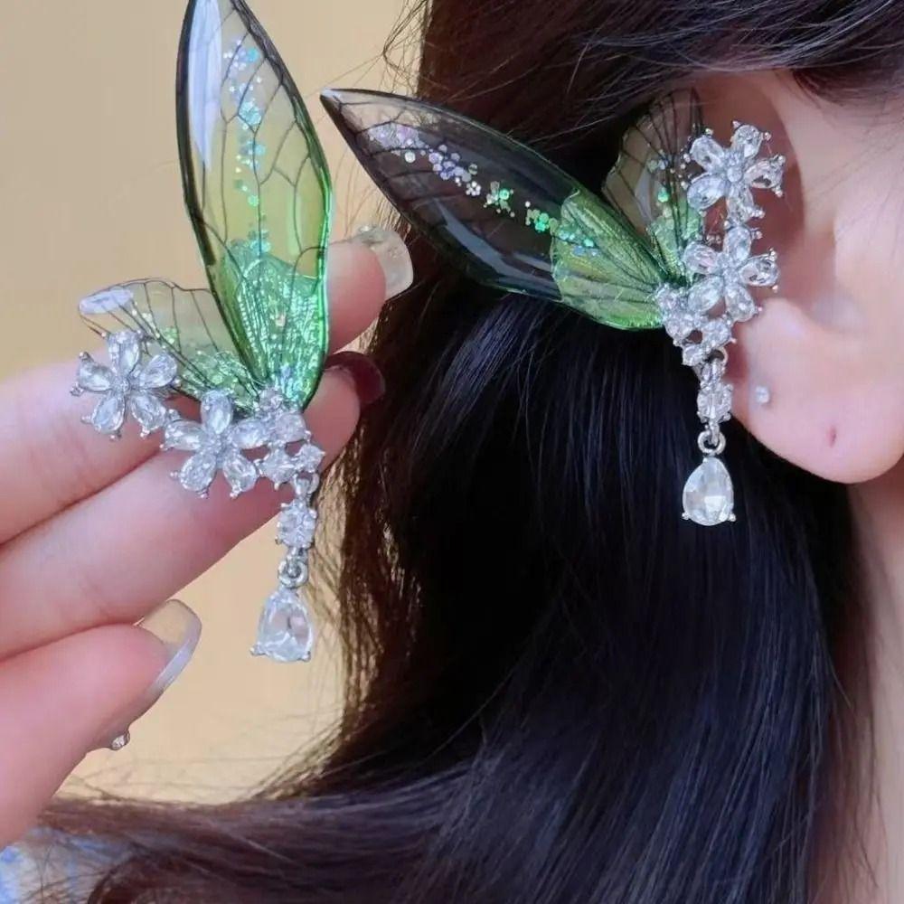 Transparent Green Elf Ear Clip Shiny Wings Ear Clip Unique Butterfly Earrings Cosplay