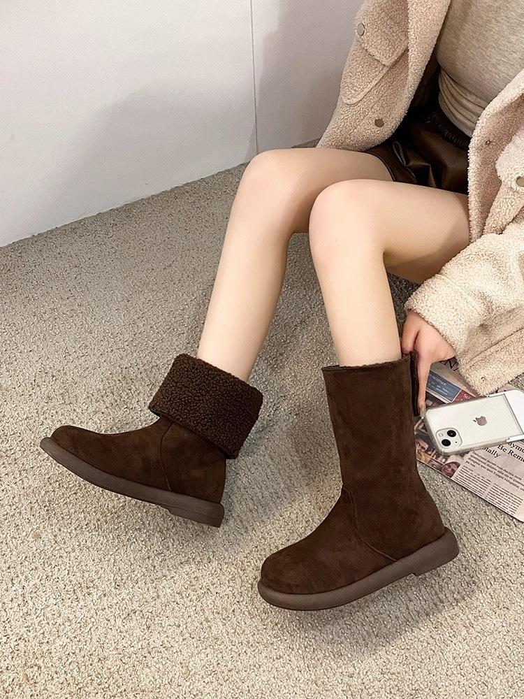 Popular pure leather two wear flanged flat heel medium boots women's winter fur cowhide velvet snow boots warm cotton boots