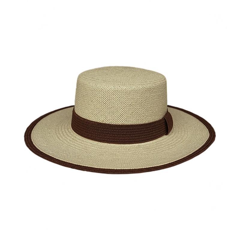 French Cream Beige And Brown Woven Flat Top Top Hat Women'S Summer Sun Protection Sunshade Vacation Beach Wide Brim Straw Hat