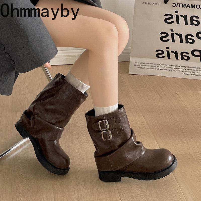 Autumn Winter Belt Buckle Women Pipe Fashion Height Increase Retro Platform Thick Sole Ladies Knight Short Booties