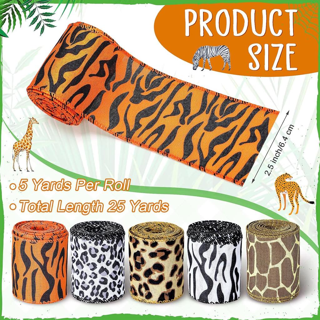 5 Rolls Jungle Animal Wired Ribbons 2.5 Inch Party Decorations Safari Animal Burlap Wrapping Ribbon for Crafts Leopard Zebra Cheetah Leaves Printed