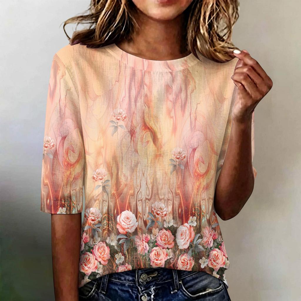 Women's Casual Loose Fit Half Sleeve Top Floral Print Round Neck Lightweight Comfortable Blouse for Everyday Wear