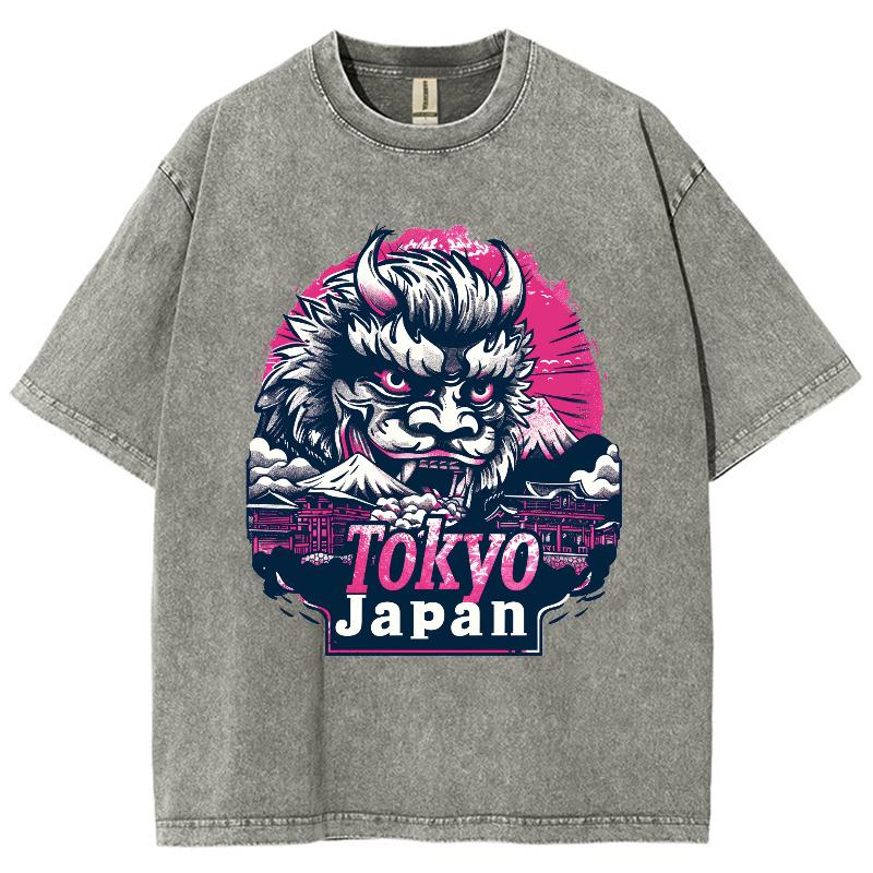 Japanese Lion Print Women Washed T-Shirt Oversized Loose Cotton Comfortable Short Sleeve Retro Chinese Distressed Top