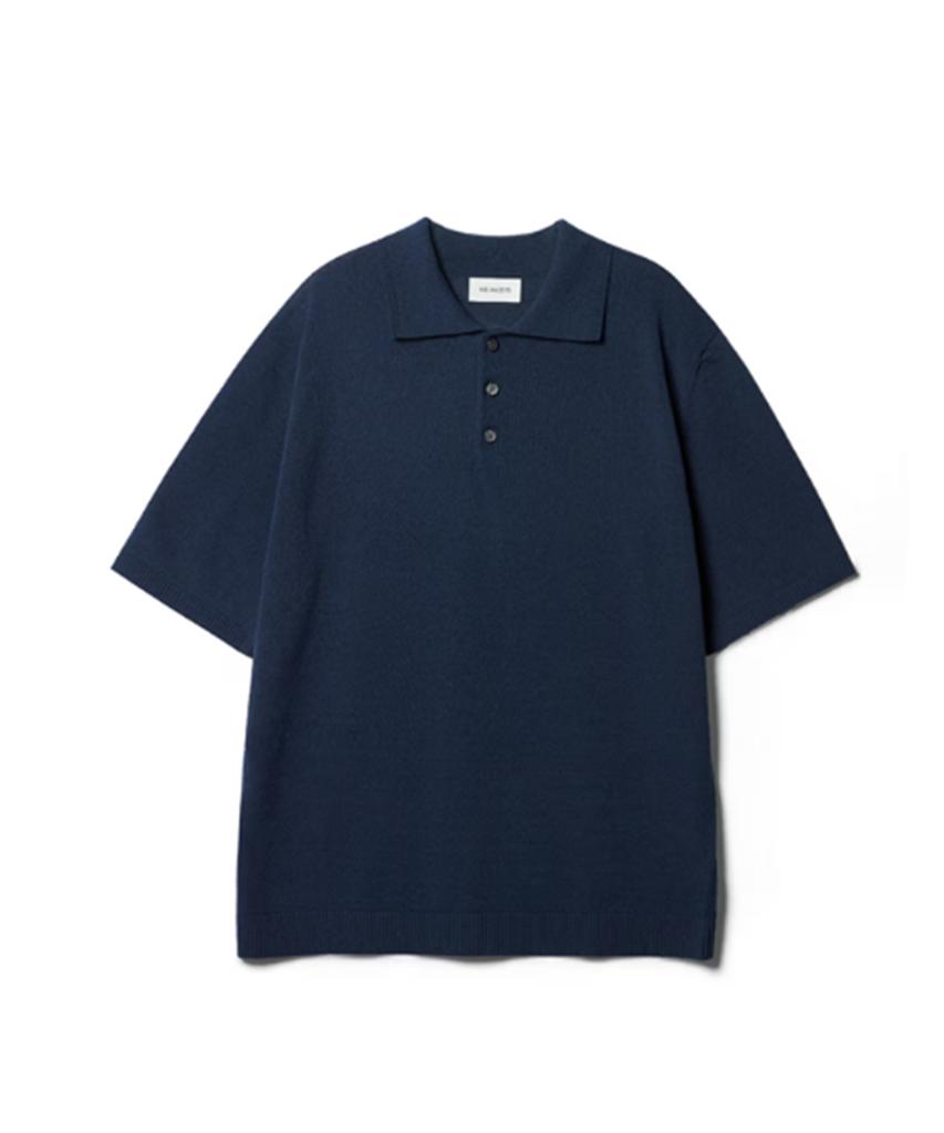 Hejiseu [His] Navy Cool Linen Short Sleeve Collared Knit
