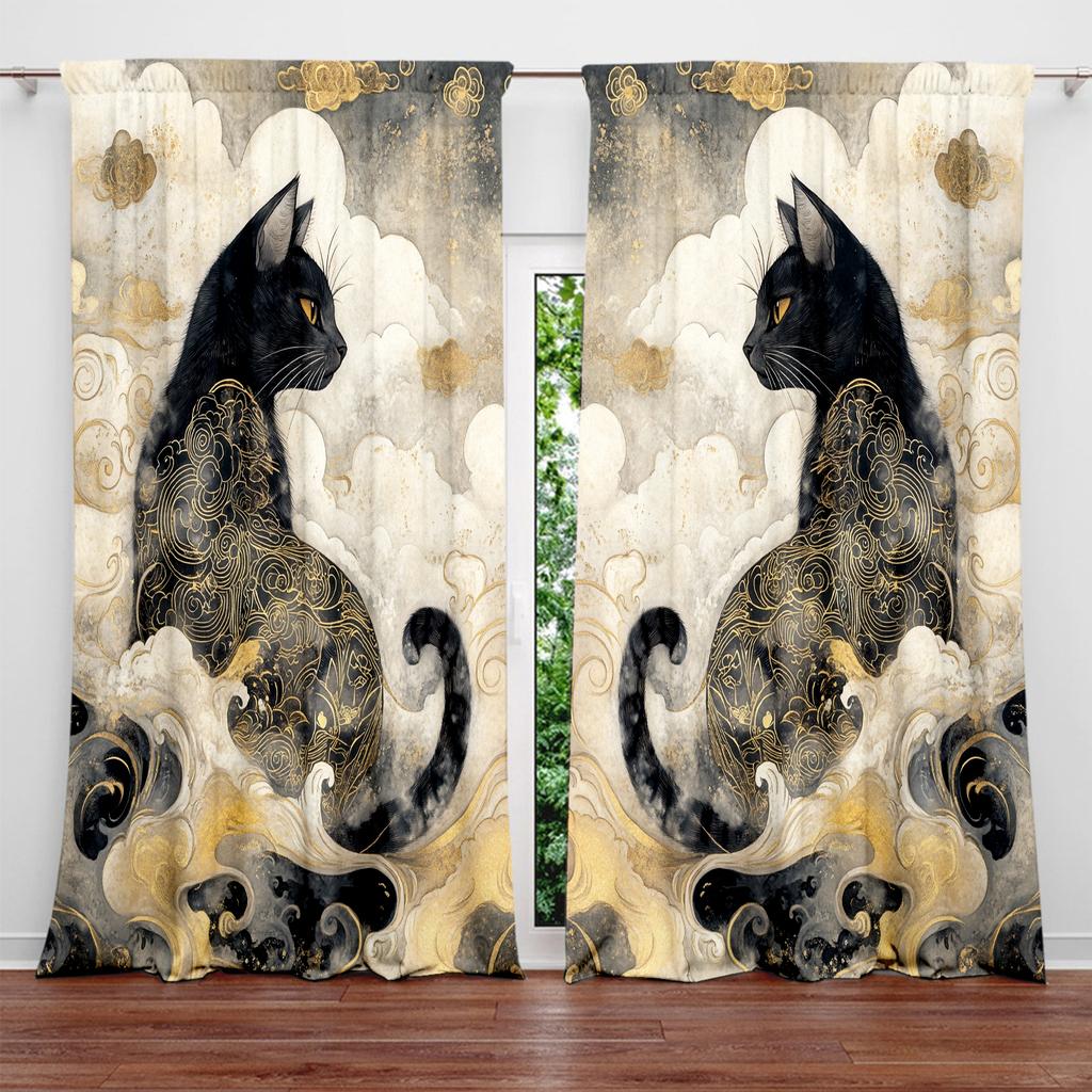 2 Stück Moiré Katze bedruckter Vorhang für Heimdekoration - Stangentasche Fensterbehandlung für Schlafzimmer, Büro, Küche, Wohnzimmer und Arbeitszimmer