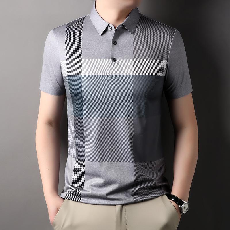 Summer Men's T-shirt Lapel Short Sleeve T-shirt Half Sleeve Polo Shirt Middle-Aged Leisure Men's New Clothes Plaid Top