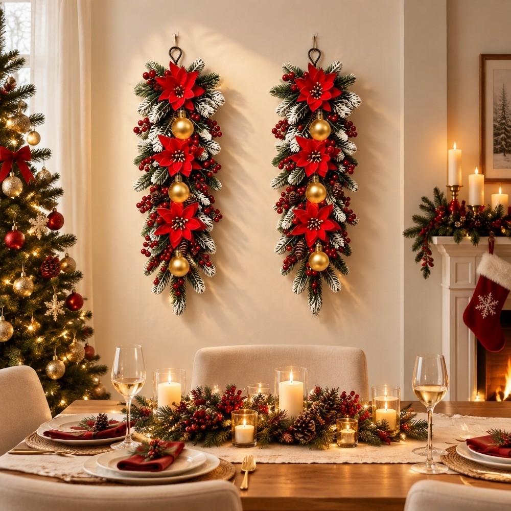 4pcs Red Berries Christmas Hanging Vine Poinsettia Flower Christmas Atmosphere