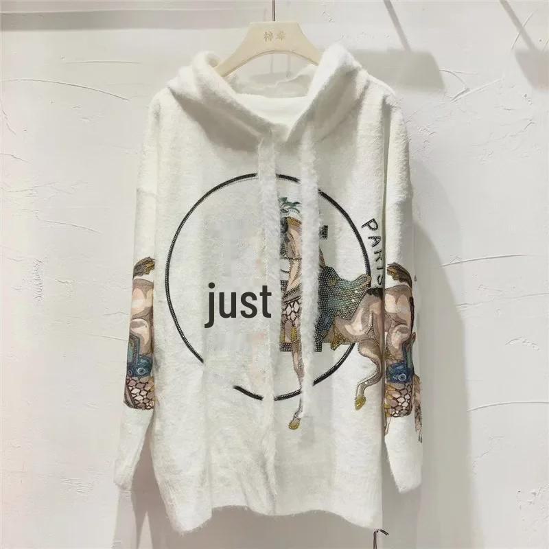 

Женский свитер с капюшоном из кашемира и норки в стиле ретро 2022 года — мягкий, свободный, с ромбовидным принтом One Size