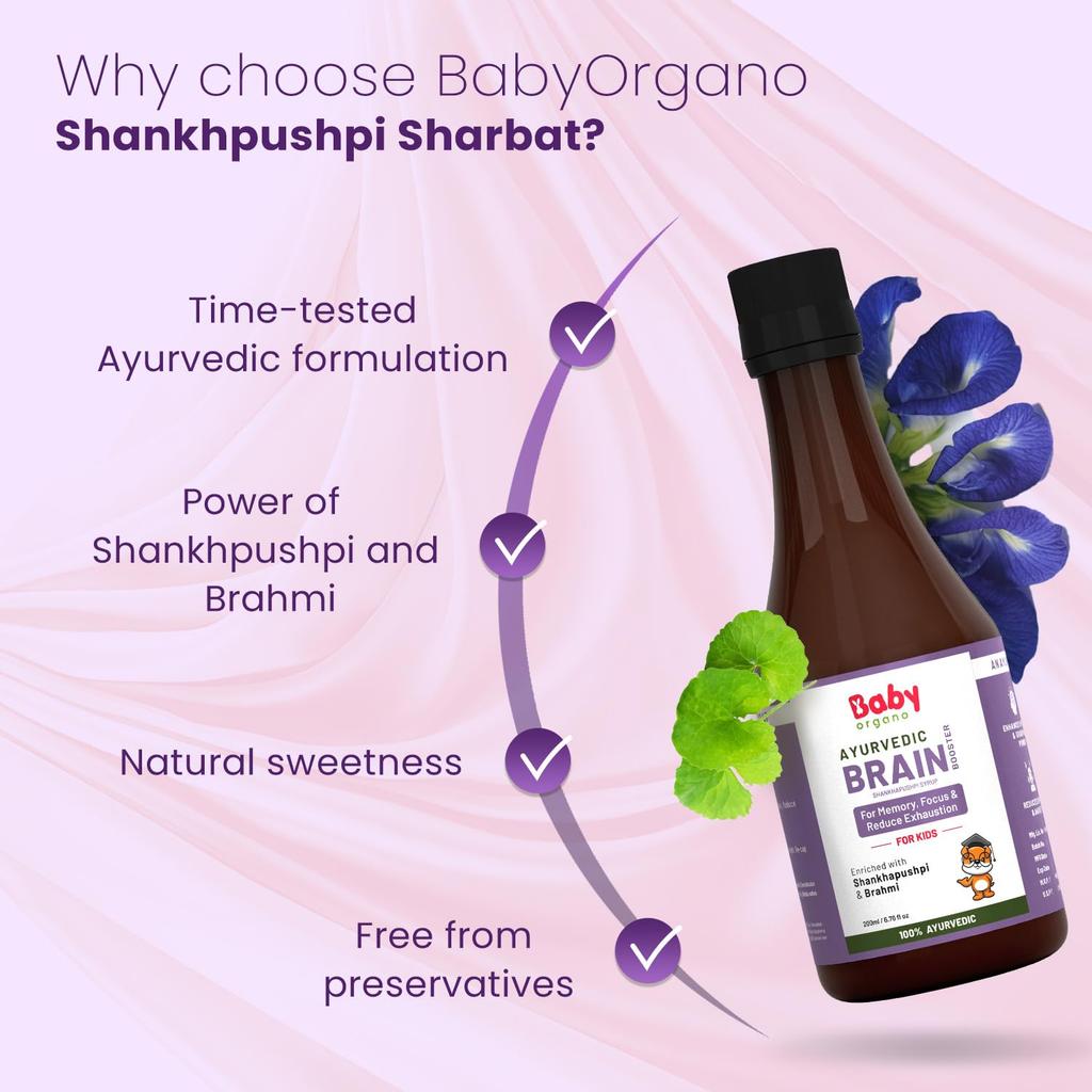BabyOrgano Shankhpushpi Syrup For Kids Memory Booster Focus Concentration Learning Study Support 200ml Pack Of 2