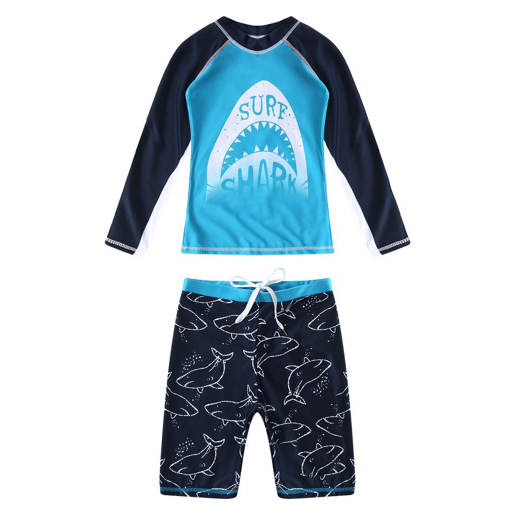 Jungen Zweiteiliges Schwimmset Langarm Cartoon Hai Print Oberteil Badeshorts Wellen Design Strand Badeanzug