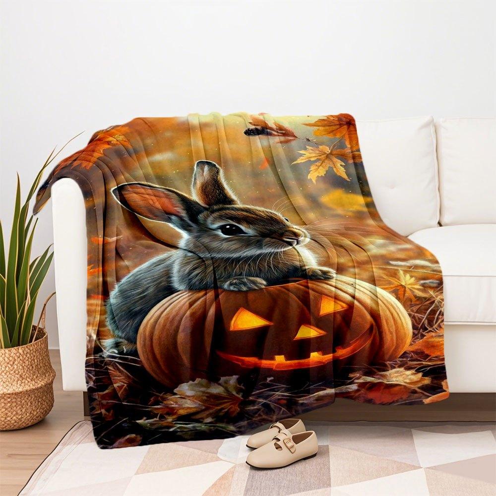 "Halloween Pumpkin Bunny Decor"Blanket Flannel Throw Blanket for Sofa, Bed, Travel, Camping, Office