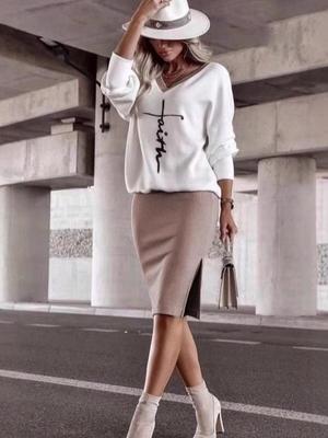 2025 New Solid Color Off-Shoulder V-Neck Long Sleeve Midi Skirt Slit Set