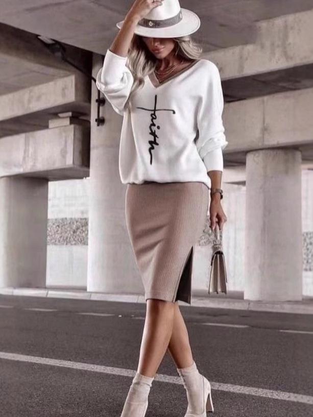 

2025 New Solid Color Off-Shoulder V-Neck Long Sleeve Midi Skirt Slit Set M білий