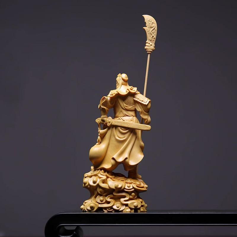 Natural Cypress Character Guan Gong Sculptures and Figurines Solid Wood Carving Home Room Office Wealth Luck Feng Shui Decor