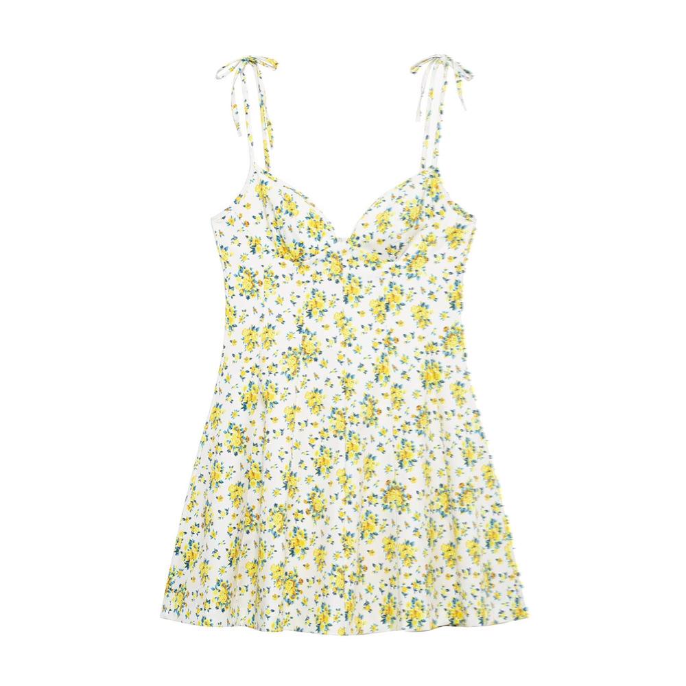 

2025 Spring/Summer Women s Slim Fit Dress: Sweet Style with Pure Desire Print & Suspender Design XS жёлтый