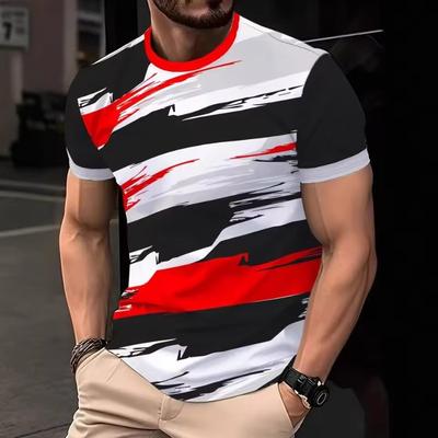 Letni Klasyczny Męski T-shirt 3D Outdoorowy z Okrągłym Dekoltem i Krótkim Rękawem, Top z Nadrukiem w Paski, Uliczny Luźny T-shirt Męski Oversize