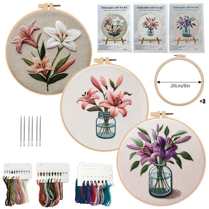 1 set Lily Embroidery Kit - Lily Cross Stitch, a beginner-friendly embroidery material kit with English stitch instructions. DIY embroidery craft kit.