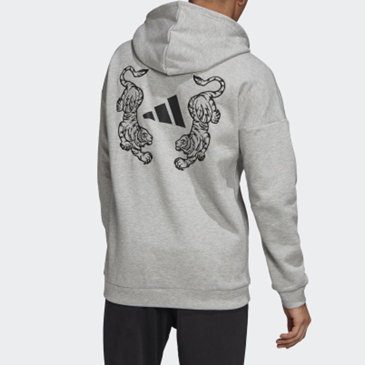 Adidas Tiger Print Hoodie Sweatshirt Men Tops Medium-Heather-Grey FL7750