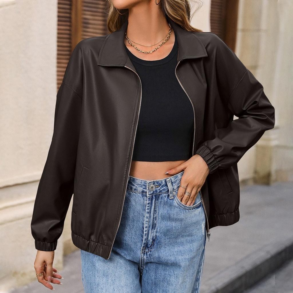 Ladies Fashion Casual Solid Color Outdoor Leather Jacket Short Coat
