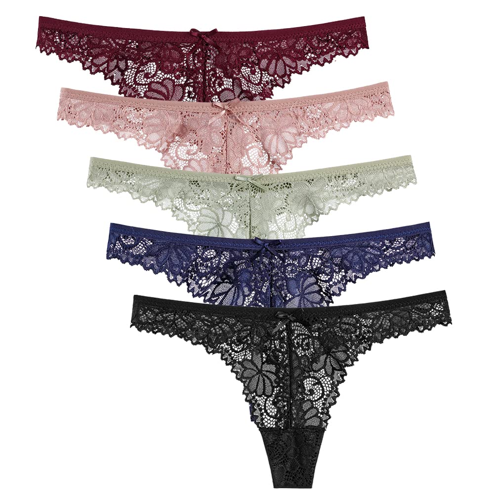 Xiaoyu Lace Sexy Cute Women's Underwear, T-Back Panties, 5-Piece Set, Panties, Non-Pinch, Butt-Lengthening, Breathable, Soft,