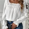 Blusa da Donna con Scollo Quadrato e Bordi in Pizzo, Texture Pieghettata, Maniche Lunghe a Svasatura, Top Casual Monocolore