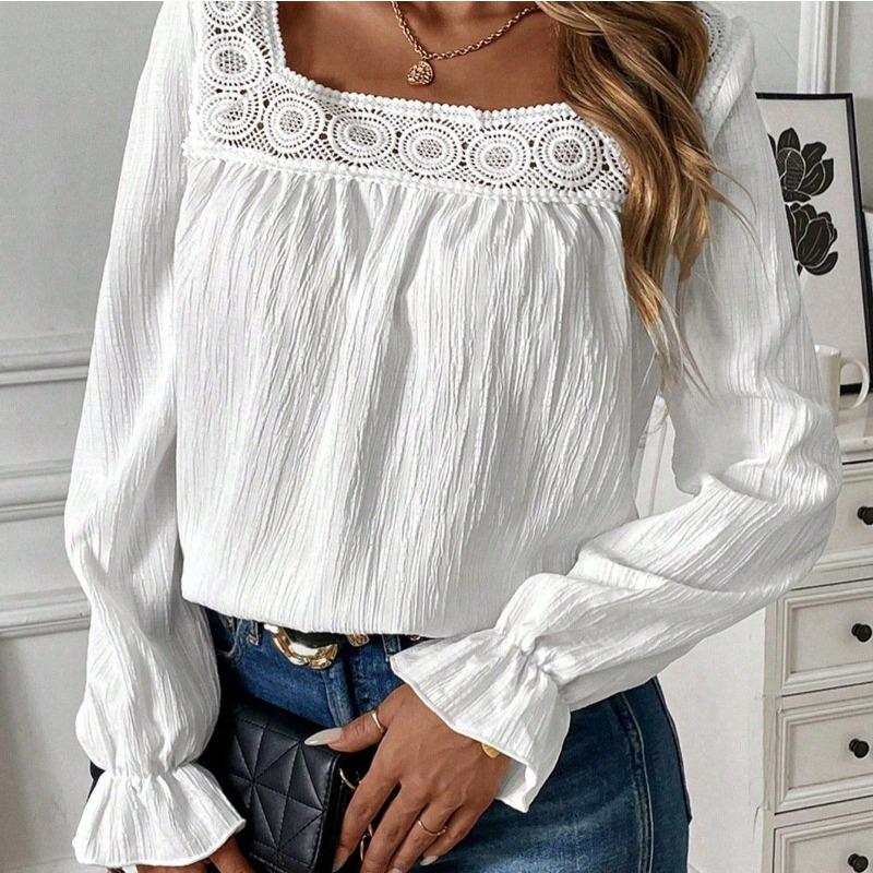 

Womens Square Neck Lace Trim Blouse With Crinkle Texture Long Flare Sleeve Casual Solid Color Top XS
