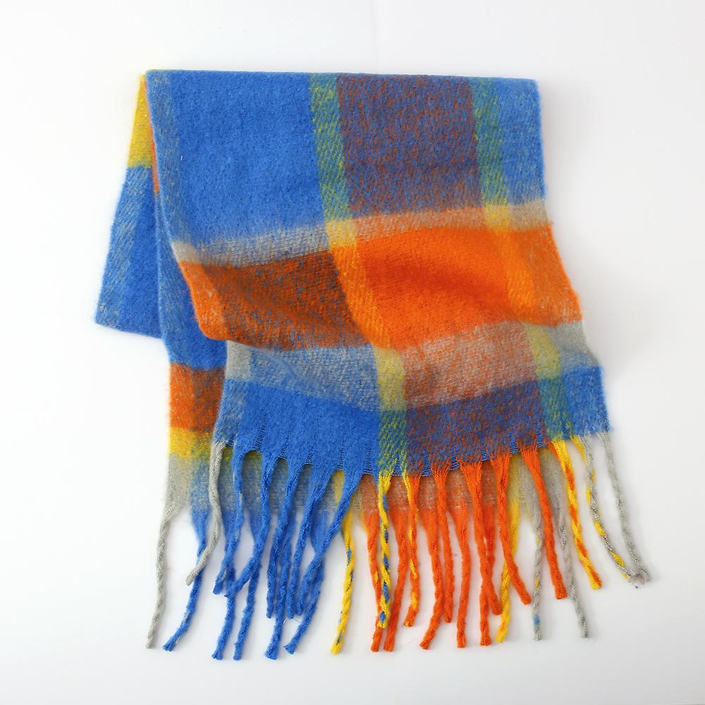 Autumn and winter new rainbow plaid imitation cashmere fringed scarf women's mohair enlarged thick shawl warm scarf