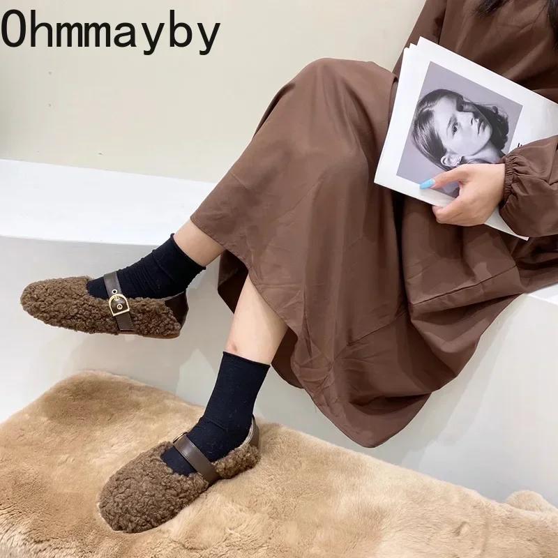 Projektanckie Vintage Damskie Ciepłe Futrzane Płaskie Buty Moda Płytkie Klamra Paska Wiosna Jesień Damskie Wygodne Mokasyny Buty