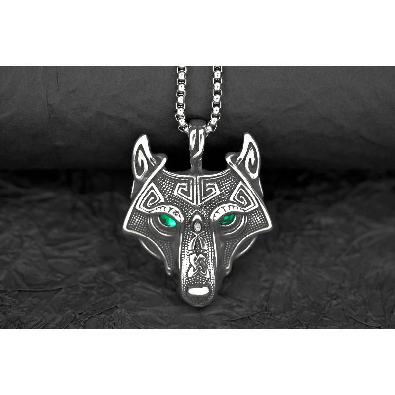 

Ожерелье из волчьей головы викингов с ледяным полем из скандинавского металла с зеленым глазом и головой волка, мужская красивая подвеска с рунами, аксессуары