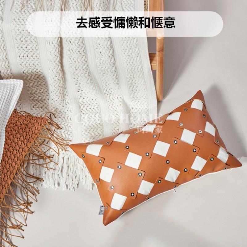 Modern Orange Leather Accent Pillow With Tassel Trim Geometric Decorative Cushion Cover Living Room Bedroom Sofa