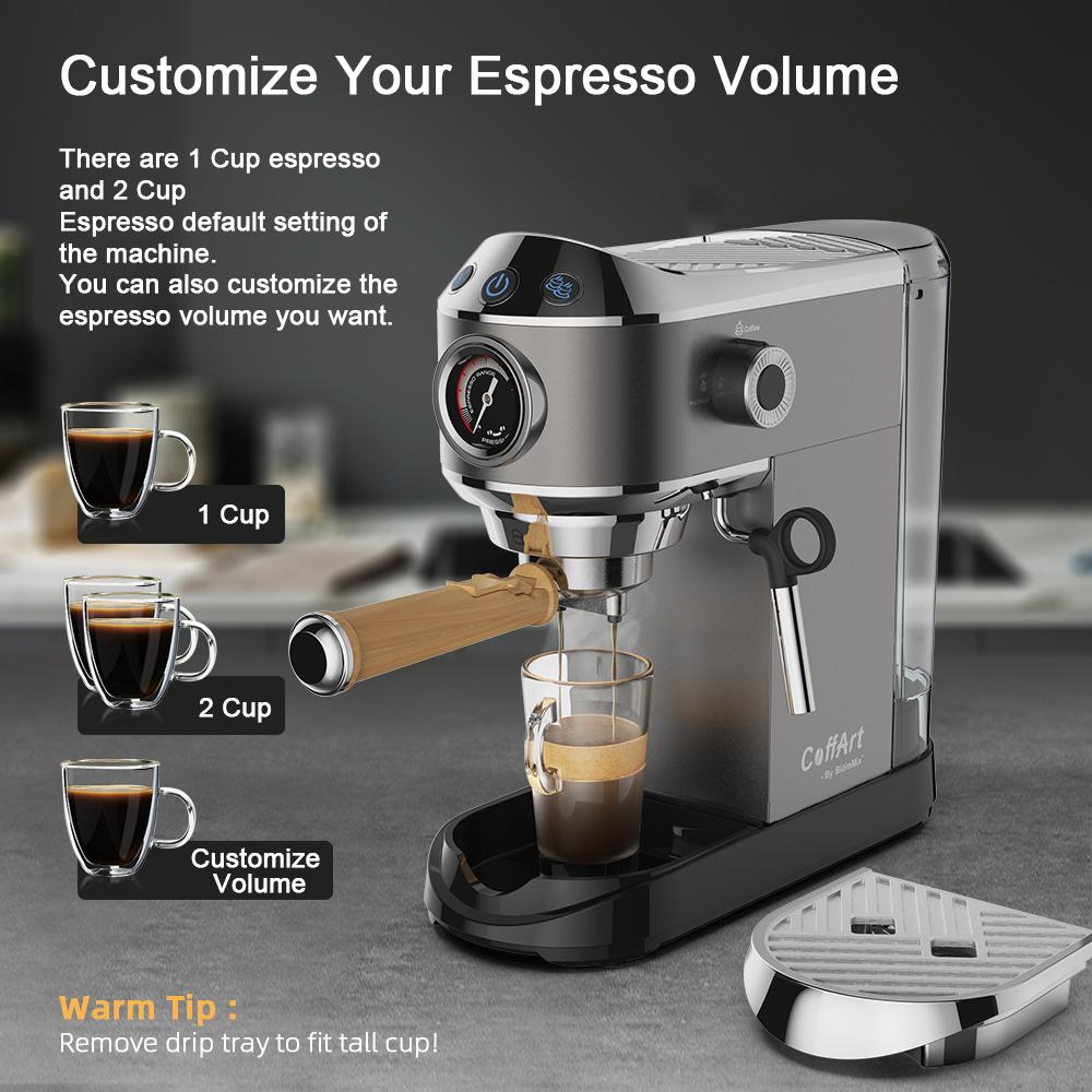 Biolomix 7008 Stainless Steel Espresso Coffee Machine,20Bar Pressure,1450W,Pressure Gauge,Milk Frother Steam Wand,Tank for Home Latte Cappuccino